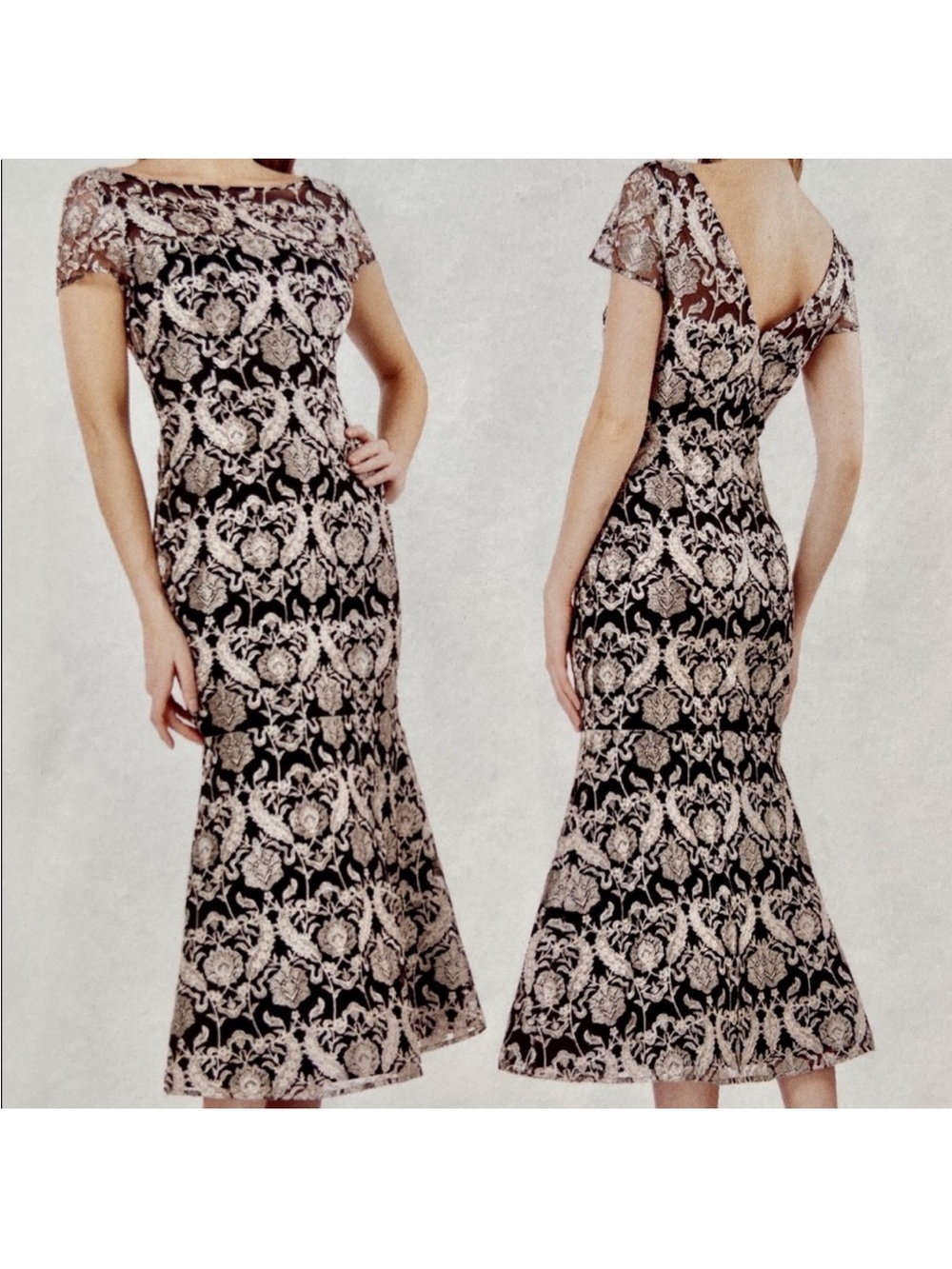 JS Collections NWT Black Cream Embroidered Midi Dress Size 8 Lace Overlay Formal